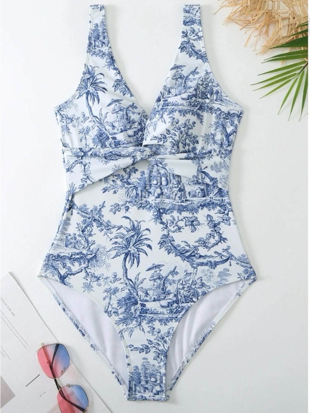 New Blue and White Toile One-Piece Swimsuit Small Sarong